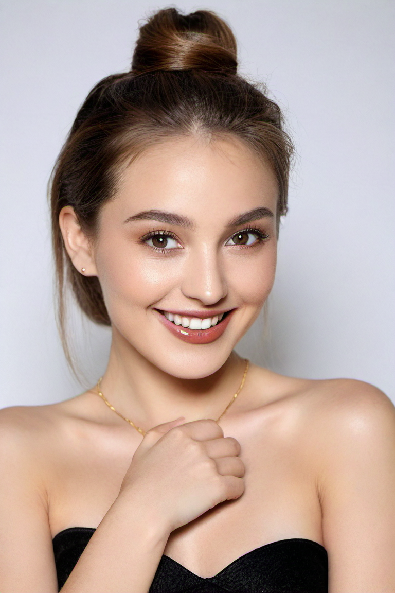 (masterpiece:1.21),(bestquality:1.21),8k,high detailed,ultra-detailed,depth of field,wide angle,1girl,beautiful face,Graceful Hands,Real Skin Texture,solo,looking at viewer,clean background trending,(portrait photo of a gray backdrop),black eyes,beautiful detailed eyes,random_color_lipstick,eyeliner,eyelashes,random_color_nail_polish,earrings,necklace,
Golden brown Hair,hair bun,Laughing,High key lighting,shadow,
<lora:HandFineTuning_XL:-0.1>,