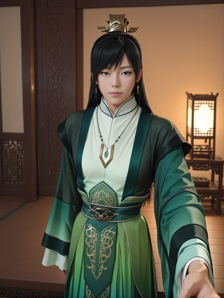 mgz, solo, pov, selfie, standing, indoors, sitting, warm lighting, toned, black hair, hanfu, headpiece, long hair, realistic, pendant, necklace, wide sleeves, long sleeves, layered sleeves, gradient dress, <lora:Meng_Zhang:0.85>