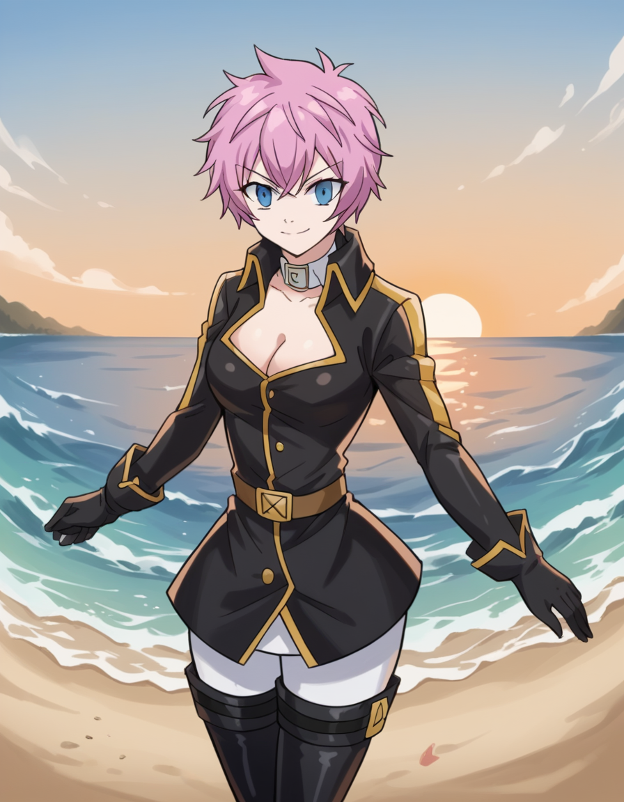 score_9, score_8_up, score_7_up, source_anime, <lora:fairytail-virgo-s7-ponyxl-lora-nochekaiser:1>,, eclipse virgo, short hair, bangs, blue eyes, pink hair, thighhighs, gloves, cleavage, pantyhose, boots, thigh boots, collar, jacket, black jacket, belt,, beach, sunset, walking along shore, footprints in sand, waves, peaceful, smile, looking at viewer, arm straight out in front, solo,, cowboy shot, dutch angle
