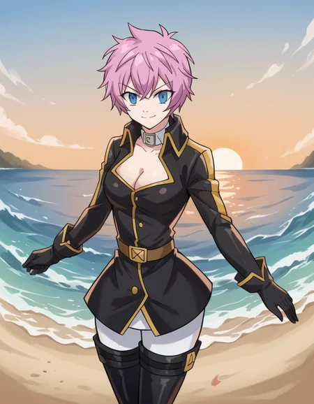 score_9, score_8_up, score_7_up, source_anime, <lora:fairytail-virgo-s7-ponyxl-lora-nochekaiser:1>,, eclipse virgo, short hair, bangs, blue eyes, pink hair, thighhighs, gloves, cleavage, pantyhose, boots, thigh boots, collar, jacket, black jacket, belt,, beach, sunset, walking along shore, footprints in sand, waves, peaceful, smile, looking at viewer, arm straight out in front, solo,, cowboy shot, dutch angle