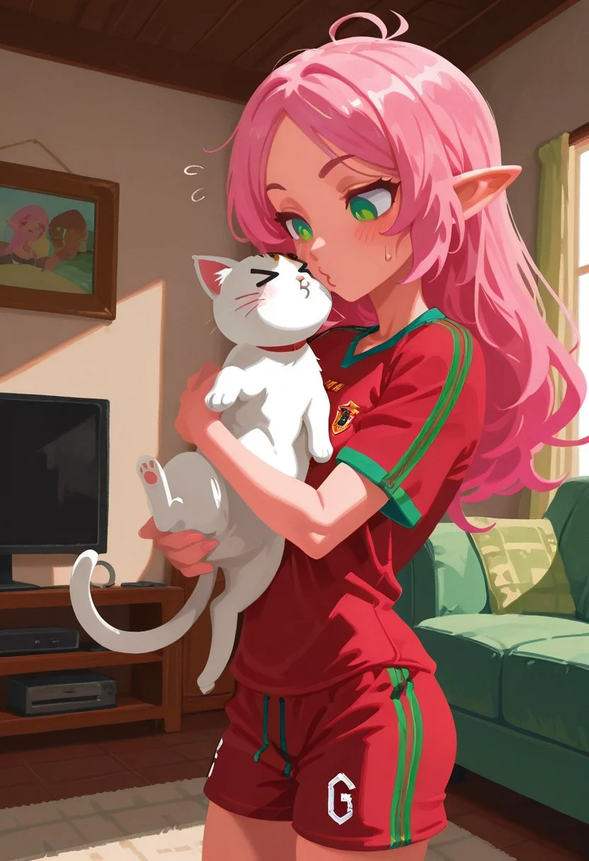 solo,
living room, holding cat, o3o, imminent kiss, >_<. comedic sweatdrop,
elf girl, skinny, pink hair, green eyes, red soccer jersey with green trim,
t4kar4i_illu, no_outlines, no lineart,
masterpiece, best quality, absurdres, [dynamic pose]