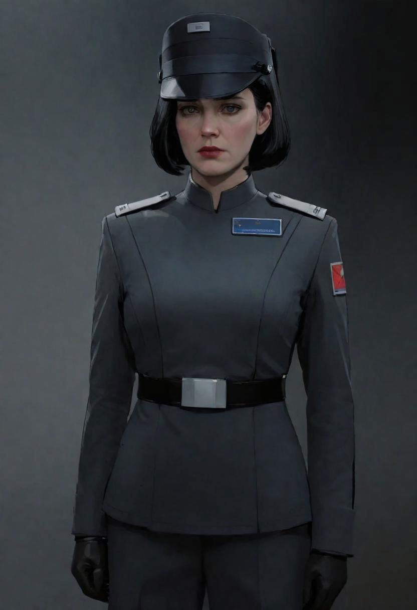 ASCIIcharacter concept art of a tall pale female, black bob haircut, imperial officer uniform, evil glare, dark mood