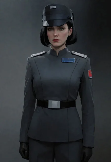 ASCIIcharacter concept art of a tall pale female, black bob haircut, imperial officer uniform, evil glare, dark mood