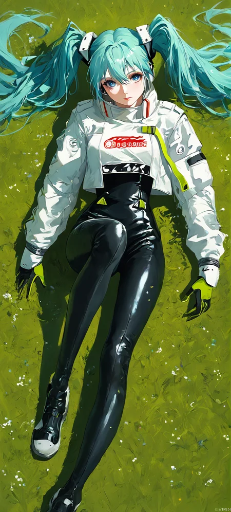 score_9,score_8_up,score_7_up,,source_anime BREAK, 1girl, solo,, s1_dram, from above, on grass, RHM22, hatsune miku, 1girl, racing miku, solo, green gloves, twintails, long hair, blue eyes, black bodysuit , two-tone gloves, aqua hair, hair between eyes, jacket, long sleeves, white jacket, long legs<lora:S1_Dramatic_Lighting_v2:0.8>,<lora:ã¬ã¼ã·ã³ã°ãã¯22:1>