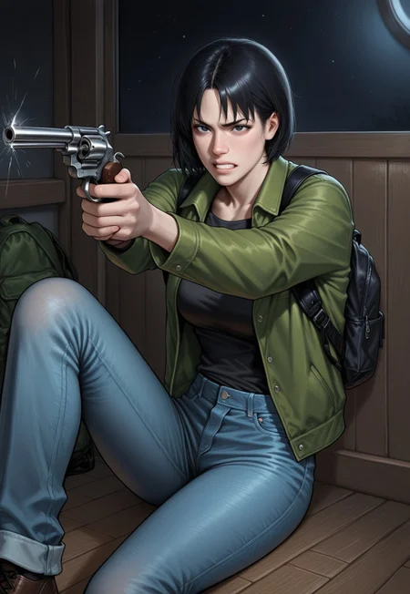 masterpiece, best quality, detailed, realistic, clenched teeth, 1girl, solo, Yokreo, short hair, black hair, green jacket, black shirt, jeans, backpack, gun, holding weapon, revolver, aiming off screen, sitting, knee up, wooden floor, at night,