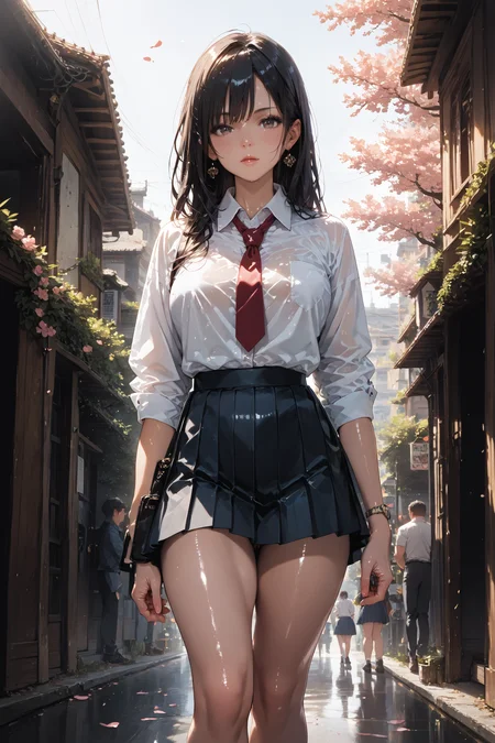 black hair
collared_shirt pleated skirt
cherry blossom outdoor sun
from front
standing
(score_9,score_8_up,score_7_up,score_6_up), rating_explicit, best quality, masterpiece, 2k,
shiny skin reflection,<lora:DetailedEyes_V3:0.8> <lora:add-detail-xl:3> <lora:3d:0.25> <lora:Anime Summer Days Style SDXL_LoRA_Pony Diffusion V6 XL:0.75>