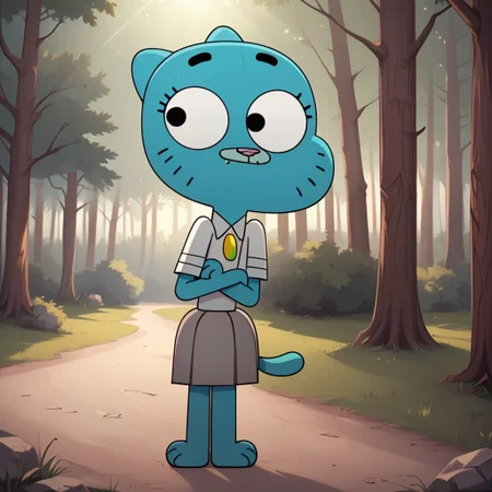 score_9, score_8, BREAK, Nicole, a cat, cat tail, light blue fur, upper lip is a lighter shade of blue, black eyes, pink nose, visible eyelashes, barefoot, has a slim body with wide hips, flat chest, round eyes, white collared shirt tucked in,short light gray skirt, pleated skirt, sexy pose, self portrait, smile, outdoors, sunlight, shadows, evening lighting, natural lighting, forest, trees, grass, orange sky, sunset