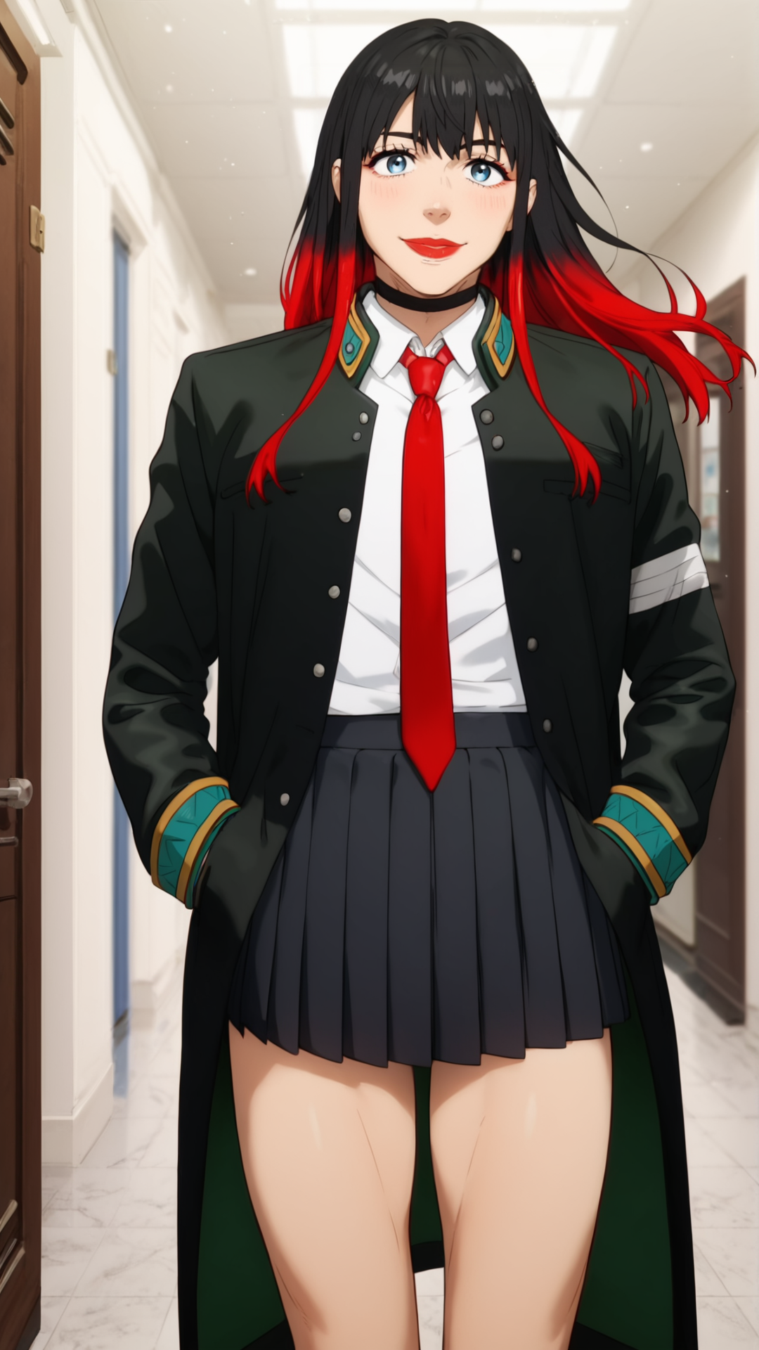 score_9, score_8_up, score_7_up, score_6_up, masterpiece, high quality
, eyes at viewer, looking at viewer, smile,
office background, hallway,
mouth closed,
posing, front view,
standing, hands in jacket pockets, nice legs, dynamic view,
black jacket, red necktie, white shirt, uniform, black pleated skirt, black choker,
long hair, multicoloured hair, black hair, gradient hair, red hair,blue eyes, bangs, red lips, makeup, two-tone hair <lora:Tsubaki_wb-000008:0.8>
<lora:incase-ilff-v3-4:0.4> , <lora:Expressive_H:0.7> <lora:add-detail-xl:1.1> <lora:officialpit_v2-8:0.3> <lora:DevilHSLycoXL:0.4>