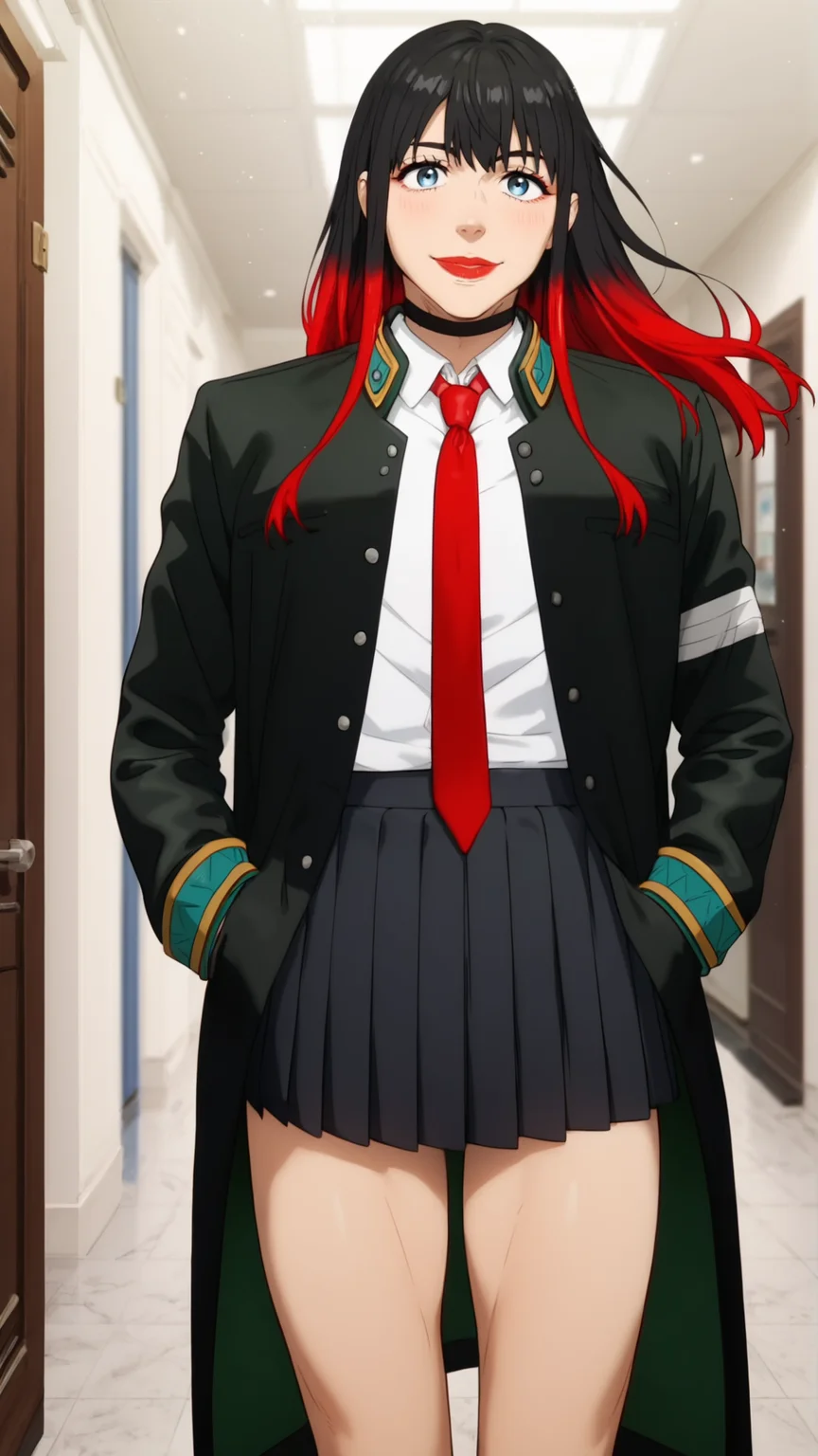 score_9, score_8_up, score_7_up, score_6_up, masterpiece, high quality
, eyes at viewer, looking at viewer, smile,
office background, hallway,
mouth closed,
posing, front view,
standing, hands in jacket pockets, nice legs, dynamic view,
black jacket, red necktie, white shirt, uniform, black pleated skirt, black choker,
long hair, multicoloured hair, black hair, gradient hair, red hair,blue eyes, bangs, red lips, makeup, two-tone hair <lora:Tsubaki_wb-000008:0.8>
<lora:incase-ilff-v3-4:0.4> , <lora:Expressive_H:0.7> <lora:add-detail-xl:1.1> <lora:officialpit_v2-8:0.3> <lora:DevilHSLycoXL:0.4>
