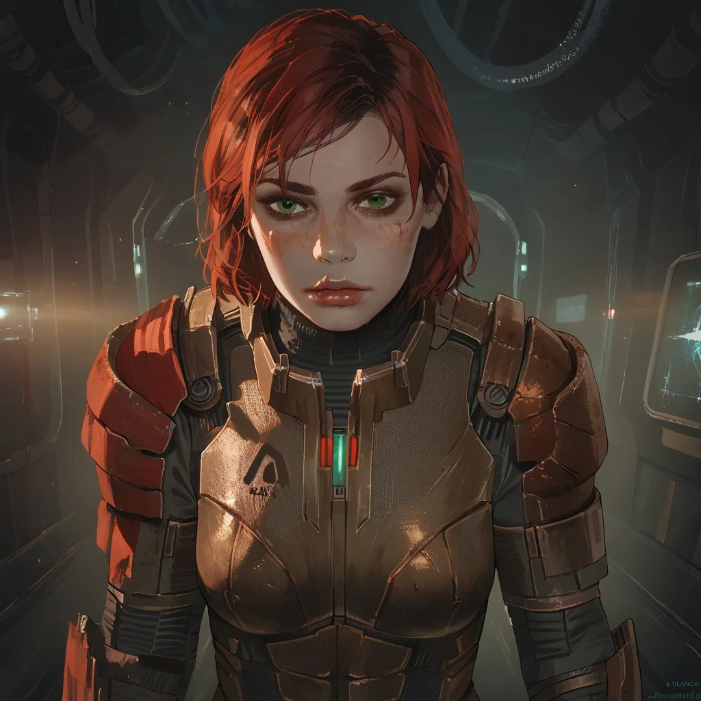 score_9,score_8_up,score_7_up,score_6_up,femshepxl,
green eyes,red hair,dead space, armor gloves boots
science fiction,facility,horror lighting, spacecraft