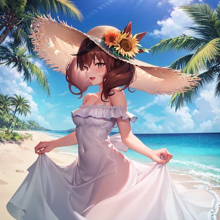 masterpiece, best quality,
nice nature \(umamusume\),
outdoors, sky, day, cloud, ocean, beach, palm tree,
smile, open mouth, straw hat, medium breasts, bare shoulders, off shoulder, white dress, skirt hold, sunflower, off-shoulder dress, hat flower, sundress
<lora:nice_nature_loha:0.8>
