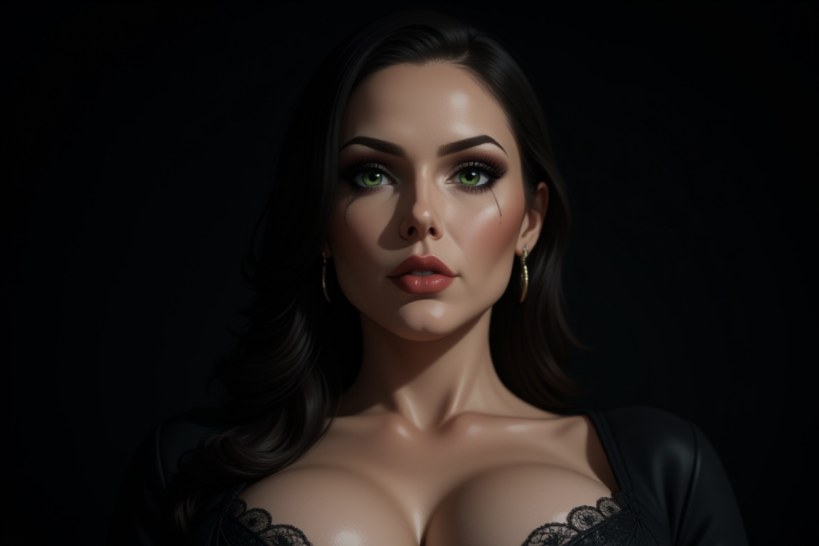 TAKER POV.  1woman, (Black Widow. Marveln), milf, mature, 60yo; [perfect], in a chic, seductive dress from Gucci, buxom, voluptuous. Green eyes. Large teardrop perky breasts, Frontal photo of very beautiful woman, perfect big eyes, plump lips, beautiful makeup, black background, soft side light, high detail, masterpiece of photography