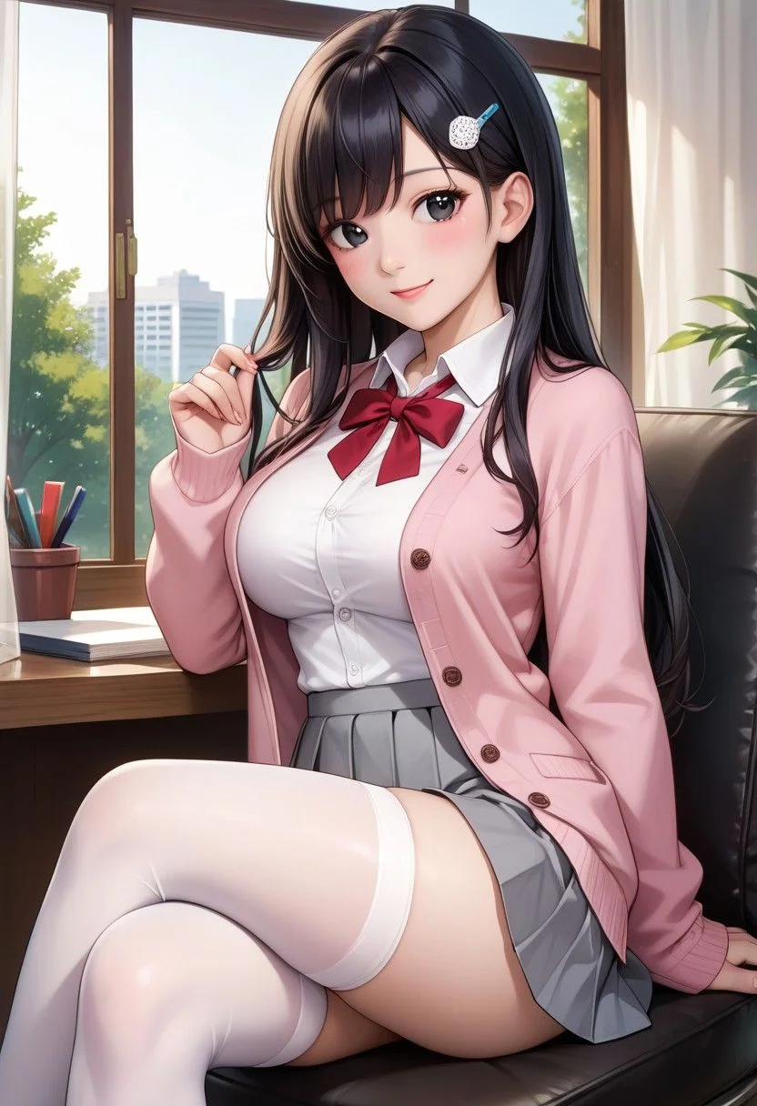 score_9, score_8_up, score_7_up, source_anime,
detailed eyes, eye reflection,
japanese girl,
black eyes, black hair, long hair, princess cut, bangs, hairpin,
large breasts,
pink cardigan, open cardigan, neck ribbon, red ribbon, collared shirt, white shirt, long sleeves,
skirt, pleated skirt, grey skirt,
thighhighs, white thighhighs,
office, indoors, window, curtains, tree,
1girl, blush, smile,
sitting, crossed legs,