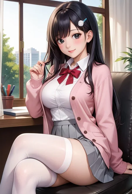 score_9, score_8_up, score_7_up, source_anime,
detailed eyes, eye reflection,
japanese girl,
black eyes, black hair, long hair, princess cut, bangs, hairpin,
large breasts,
pink cardigan, open cardigan, neck ribbon, red ribbon, collared shirt, white shirt, long sleeves,
skirt, pleated skirt, grey skirt,
thighhighs, white thighhighs,
office, indoors, window, curtains, tree,
1girl, blush, smile,
sitting, crossed legs,