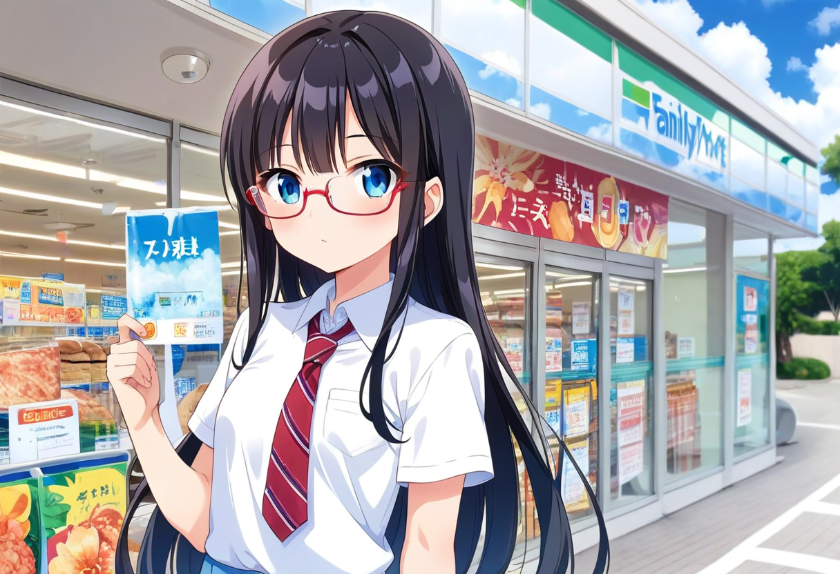 score_9, score_8_up, score_7_up, rating_safe, masterpiece, best quality, absurdres, unity 8k wallpaper, official art, official style, source_anime, uncensored, game cg, megami magazine,
1girl, solo, glasses, black hair, long hair,  collared shirt, red necktie, pleated skirt, blue skirt, looking at viewer, blush, upper body, short sleeves, 
famima, konbini, scenery, storefront, convenience store, shop, scenery, outdoors, sky, cloud, day, blue sky, sign, japan
 <lora:famima_storefront_PONY_V1:1>