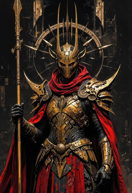 art by Ingrid Baars and Ben Templesmith. Portrait, Baroque style, Honor Guard of the Emperor, magnificent, elongated pointed ornate golden full helmet with integrated hood, medieval sci-fi combination, red embellished robe, armed with ornate golden spear. <lora:artisketchyfs-v02.safetensors:0.5>, <lora:Magic_of_Art_(FLUX).safetensors:0.5>, <lora:The_Dark_Side_Of_The_Future.safetensors:0.33>, <lora:boFLUX digital-abyss.safetensors:0.5>, <lora:midjourney_whisper_avant_couture_v01.safetensors:0.5>, <lora:FLUX-daubrez-DB4RZ.safetensors:0.5>,