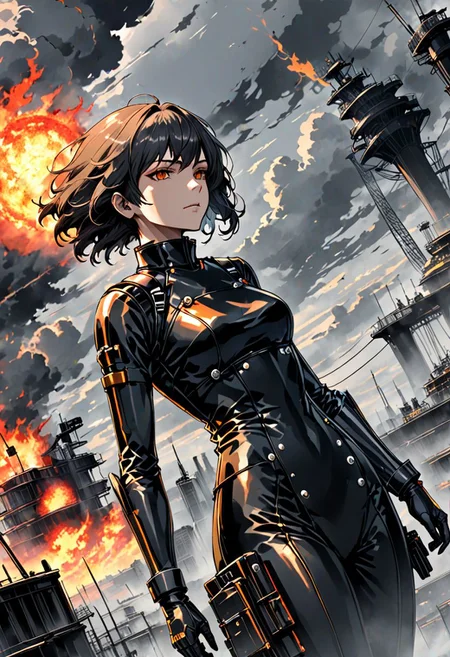 breathtaking atompunk person, dutch angle, outside with a rising sun under a sky with dark ominous clouds, commanding dangerous and alluring expression, high neck line top, epic battle with fires and smoke in the background, style of Cynthia Sheppard, style of Yoji Shinkawa, . award-winning, professional, highly detailed,