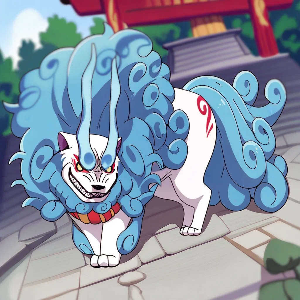 score_9, score_8_up, score_7_up, furry, Komasan, komainu, yokai, white body, curly blue fur, blue tail, blue mane, red face markings, blue eyebrows, sharp teeth, cartoon style, 2d, solo, feral, looking at viewer, smile, outside, Japanese shrine