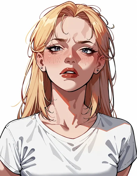 score_9, score_8_up, score_7_up, score_6_up, score_5_up, score_4_up, 1girl, white background, lineart, source_anime, smooth outline, blonde hair, white shirt, (fear), parted lips