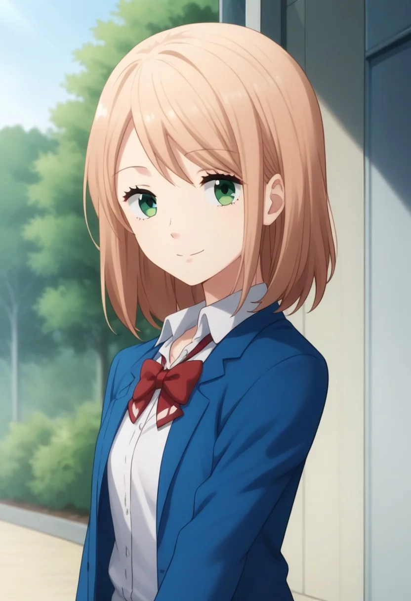 score_9, score_8_up, score_7_up, source_anime, highly detailed, 
anna, 1girl, solo, school uniform, green eyes, jacket, shirt, bow,  white shirt, blue jacket, collared shirt, blazer, red bow, medium hair, bowtie, bangs, peach blonde hair, skirt, upper body,
outdoor, smile,