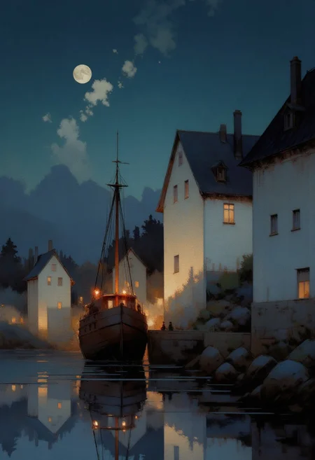AquarelleIV. A painting of a serene night scene featuring a full moon over a calm harbor with a wooden ship docked in the foreground. the painting is done in a realistic style with muted colors and textures, creating a peaceful atmosphere. on the right side of the image, a row of white buildings with black roofs and windows lit up at night, with a stone walkway leading to them. the buildings are silhouetted against the moonlight, casting a soft glow on the water's surface. in the background, a distant mountain range is visible, adding to the serene ambiance of the scene. the sky is a deep blue with a few wispy clouds, and the moon is partially visible above the buildings, casting an ethereal glow. the water is calm and still, reflecting the lights of the buildings and the ship. the overall mood is peaceful and tranquil, evoking a sense of tranquility and tranquility.