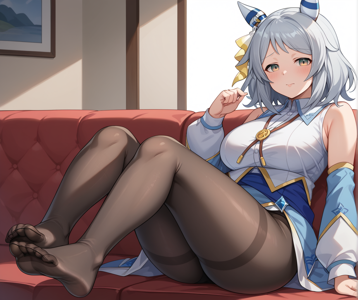 score_9,score_8_up,score_7_up,2D animation style,source_anime,anime screencap,rating_explicit,best quality,masterpiece,Japanese Anime Style,solo,1girl,looking at viewer,<lora:uma_hishi_miracle_ponyxl:0.9>,hishi miracle (umamusume),light brown eyes,grey hair,blue hair,bangs,medium hair,horse girl,horse tail,horse ears,hair ornament,ear covers,blue dress,collared shirt,detached sleeves,(puffy long sleeves:1.2),bare shoulders,black pantyhose,pantyhose,sleeveless,jewelry,plump,large breasts,thick thighs,shy,indoor,jitome,embarrass,sleeveless shirt,sitting on chair,otaku room,sofa,on_side,lying,half closed eyes,lying on the sofa,foot focus,foot fetish,toes,