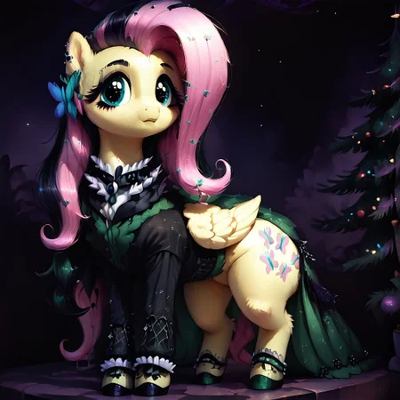 score_9, score_8_up, score_7_up, score_6_up, high resolution, hight detailed, intricate detail, detailed, (((feral pony))), solo, fluffy, fur, cute face, cute, wide hips, wide thighs, dark theme, full body, female pony, mare, ((fluttershy)), gothic, ((black streak)), hair over one eye, looking to the viewer, standing, The green dress, blue butterfly solo ((garden)) Christmas tree and lights
