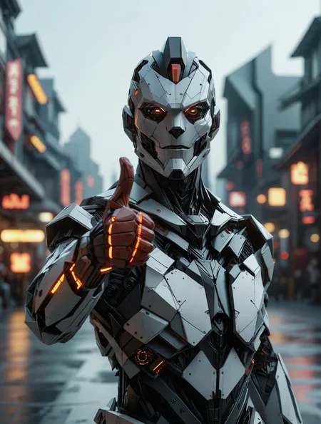 white martial arts robot with an angular shape and red glowing highlights. polygonal head. (thumbs up towards camera:3.0). blurry sci-fi city background.
hyperdetailed photography, masterpiece, best quality, high quality, highres, ultra-detailed, best quality, 8K, high resolution, extreme detail,
<lora:add-detail-xl:2> <lora:dvr-shrp:1> dvr-shrp <lora:MJ52:0.5>