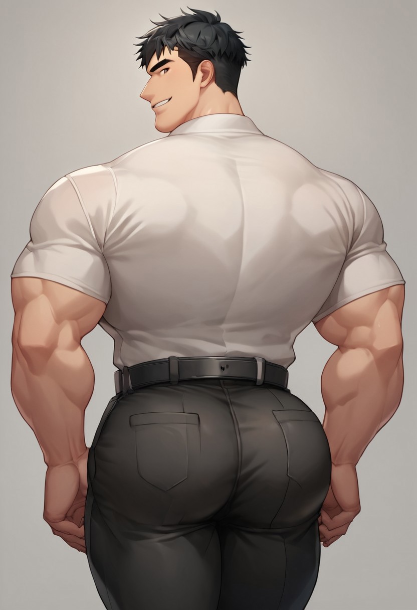 score_9, Bigtit1, solo, looking at viewer, smile, short hair, shirt, black hair, 1boy, white shirt, ass, male focus, thighs, belt, looking back, pants, from behind, muscular, back, thick thighs, black pants, muscular male, bara, tight