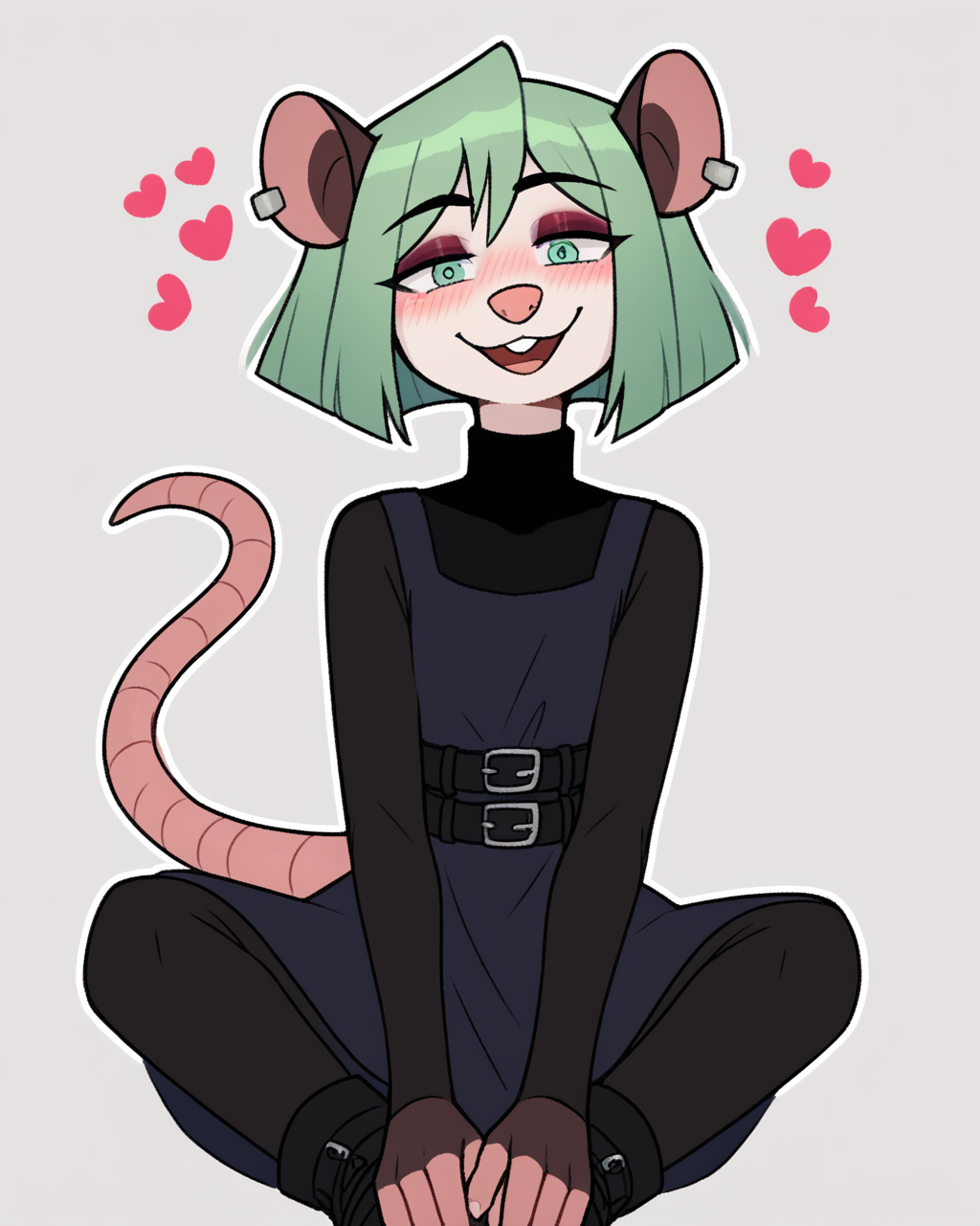 score_9_up, score_8_up, score_7_up, score_6_up, by remanedur, half-length portrait, small breasts, green hair, possum, black turtleneck, (blowing kiss), pose, sitting, open mouth,  green eyes, eyeshadow, female, looking at viewer, tail, dress, blush, solo, ear piercing, short hair, smile, black footwear, belt, three-quarter view, head tilt, simple background, white outline, <lora:Leah_Pines(AIM)_XL_v1:0.15> <lora:PDXL_artist_tags_v2_big:0.55> <lora:The-Minuscule-Task_PDXL_v1.0:0.65> <lora:Nova_Nightingale_jopitr:0.65>