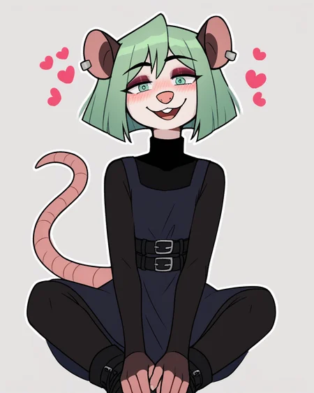 score_9_up, score_8_up, score_7_up, score_6_up, by remanedur, half-length portrait, small breasts, green hair, possum, black turtleneck, (blowing kiss), pose, sitting, open mouth, green eyes, eyeshadow, female, looking at viewer, tail, dress, blush, solo, ear piercing, short hair, smile, black footwear, belt, three-quarter view, head tilt, simple background, white outline, <lora:Leah_Pines(AIM)_XL_v1:0.15> <lora:PDXL_artist_tags_v2_big:0.55> <lora:The-Minuscule-Task_PDXL_v1.0:0.65> <lora:Nova_Nightingale_jopitr:0.65>