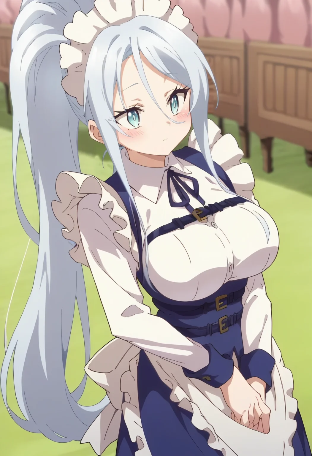 <lora:Sylpha:1> sylpha, long_hair, 1girl, blue_eyes, blue_hair, solo, blush, large_breasts, ponytail , maid_headdress, maid, apron, score_9, score_8_up, score_7_up, , anime coloring ,BREAK source_anime, anime