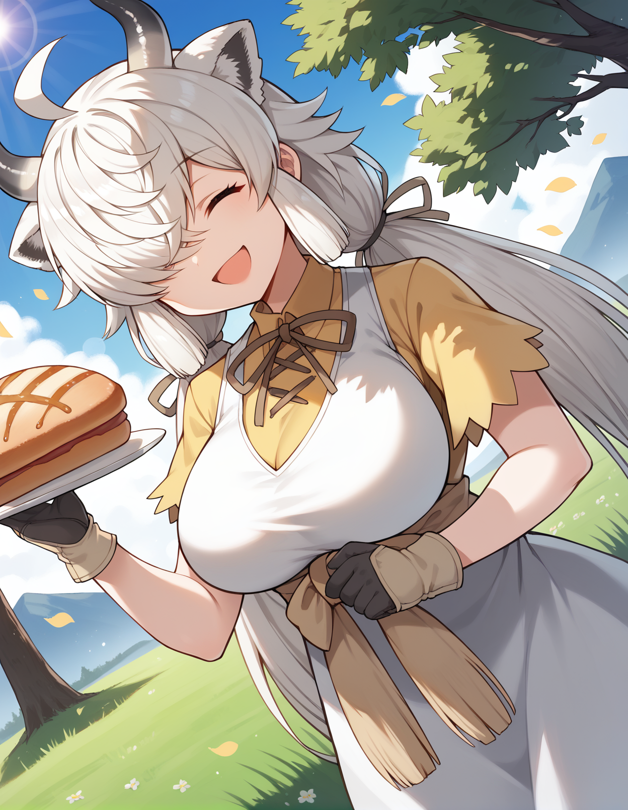 score_9, score_8_up, score_7_up, source_anime, rating_safe, <lora:yak_XL-Pony_LoRA-C3Lier_8-8-8-8_AdamW_Un3e-4_Te1.5e-4_10batch:1>, yak \(kemono friends\), 1girl, multicolored horns, animal ears, hair over one eye, ahoge, white hair, long hair, very long hair, parted bangs, sidelocks, twintails, closed eyes, large breasts, hair ribbon, white dress, long dress, collared shirt, yellow shirt, short sleeves, neck ribbon, brown ribbon, gloves, dutch angle, head tilt, smile, happy, open mouth, looking at viewer, facing viewer, holding cup, milk, plate, bread, incoming food, grass, flower, falling petals, tree, tree shade, dappled sunlight, mountainous horizon, blue sky, cloud, sunlight, lens flare