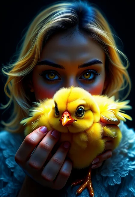 1 woman holds a small yellow chick in her hand. The chick is very fluffy and has big, sweet eyes.
silhouette colors, cosmic frame, black background, portrait, photo, closed eyes, cinematic perfect, intricate, stunning fine details,
ultra-sharp, exquisite details, flawless composition, vivid colors, masterpiece, exciting background. , High Definition HD, high details, perfect composition,
best quality, ultra-detailed, very aesthetic, illustration, perfect composition, intricate details, absurd, atmospheric lighting, streaks of light, vibrant colors, very detailed, midjourneyv6.1, detail background, perfection, double exposure, Jed-dblexpsre effect