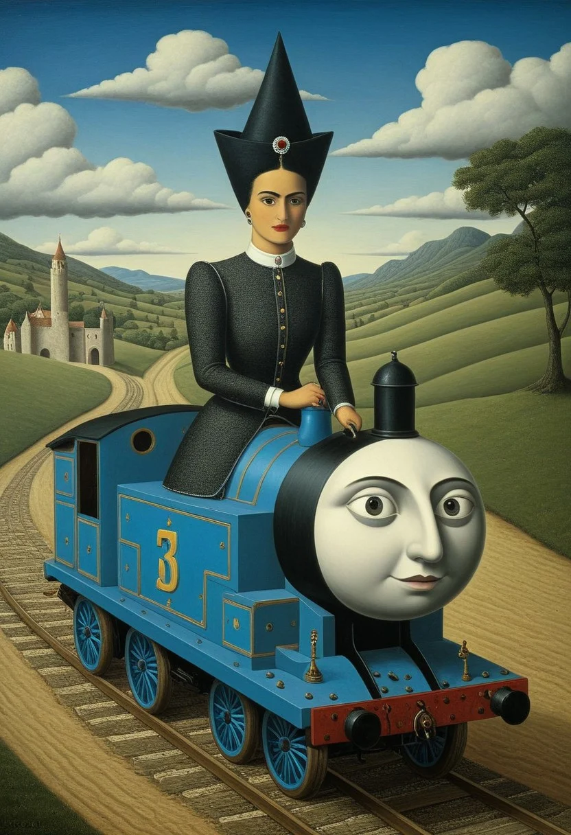 Thomas the Tank Engine is being driven by a medieval knight.
Style tags: Surrealist modern art, mixed media, Rafal Olbinski, René Magritte, Jean Arp, Frida Kahlo, Jan van Eyck, William Hogarth, Pierre-Auguste Renoir, Xidong Luo, Kazimir Malevich, nvcmsdx, dunn, traditional media, abstract, painting (medium)