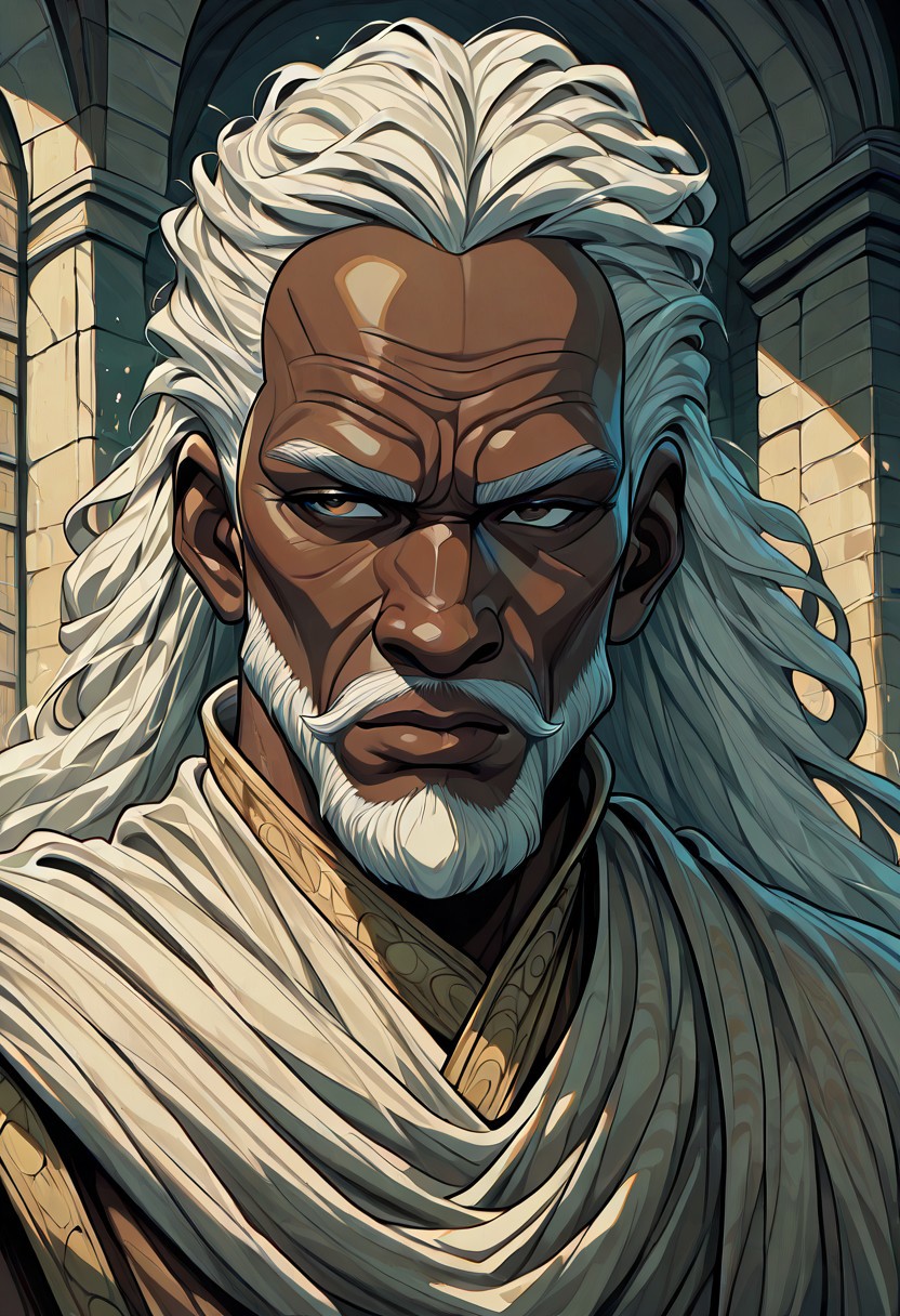 masterpiece, best quality, newest, absurdres, highres, anime, anime style, detailed face, 1boy, Illustratedafricanfemale, dark-skinned male, african male, african, old man, old, wrinkles, winkly face, dredlocks, white hair
