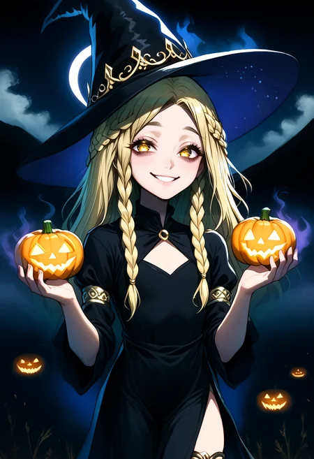 score_9,score_8_up,score_7_up,feet out of frame,full body,
1boy,androgynous,flat chest,solo,<lora:miqeulla:0.9>,miquella,blonde hair,crown braid,multiple braids,yellow eyes,glowing eyes,gold armlet,circlet,long black dress,pelvic curtain,wizard hat,anklet,leg band,<lora:gesugao_v1_unpruned:1>,gesugao,evil smile,half closed eyes,<lora:PumkinSpellPony:0.6>,Pumpkin spell,floating burning pumpkins,bags under eyes,
solar eclipse,fog,outdoors,purple magic,hands up,casting spell,looking at viewer,mountainous horizon,wheat field,eclipse,halloween,<lora:ntl_pdxl:0.7>,ntl_style,