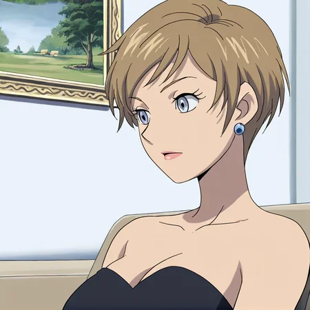 <lora:topaz_illustrious:1>, (masterpiece), (best quality), (ultra-detailed), amazing quality, very aesthetic, illustration, perfect composition, intricate details, absurdres, incredibly absurdres, topazsonicx, 1girl, solo, brown hair, short hair, lipstick, blue eyes, jewelry, earrings, blonde hair, indoors, living room, black dress, strapless, breasts,