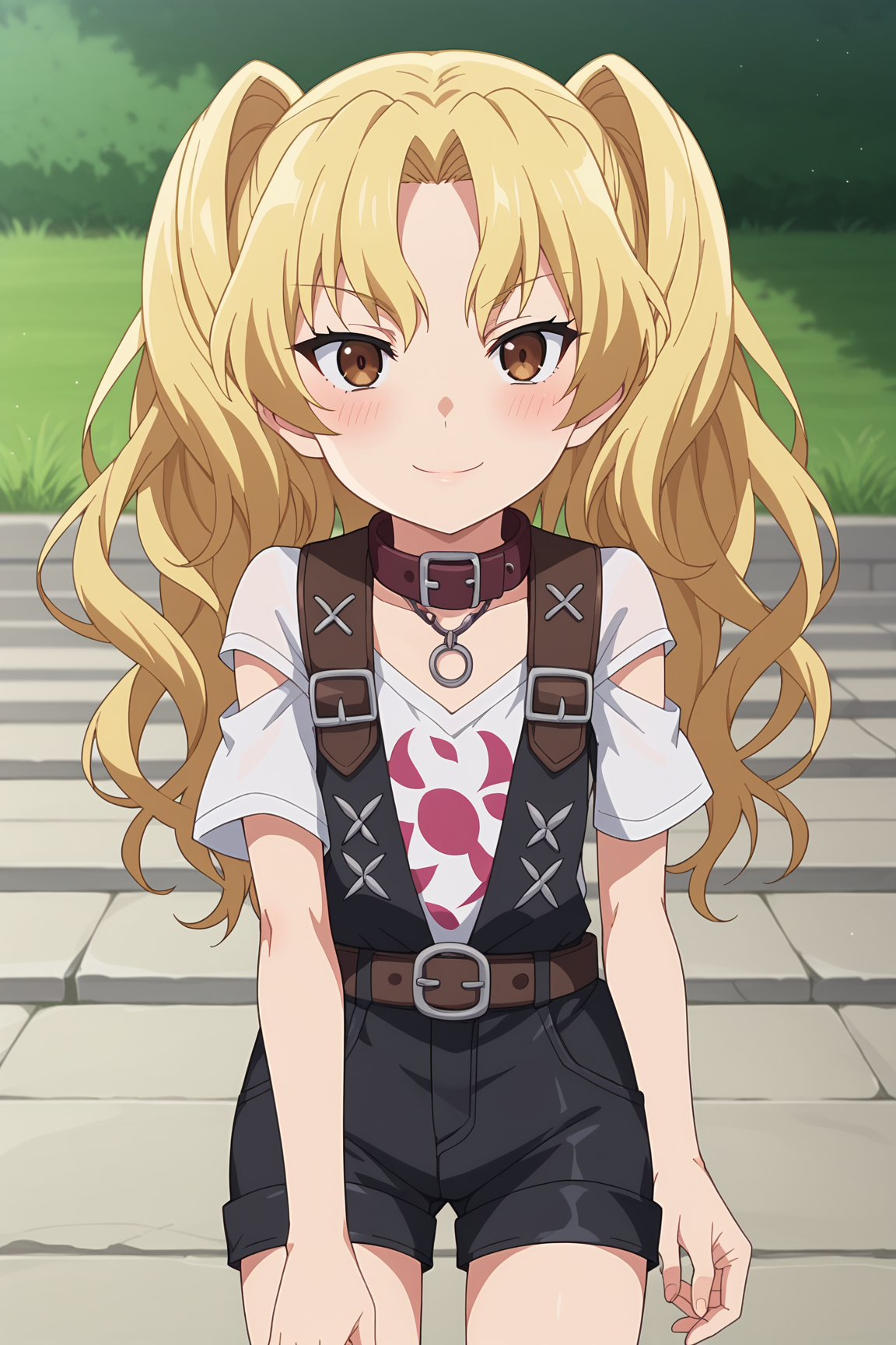 score_9, score_8_up, score_7_up, source anime, prefect lighting, very aesthetic, BREAK, anime screencap, anime coloring,
<lora:katagiri_yuzuki_v2-pony6:0.9>, 1girl, katagiri yuzuki, black bullet, long hair, blonde hair, twintails, brown eyes, flat chest, yuzukiout, white shirt, short sleeves, necklace, belt collar, short shorts,
BREAK, looking at viewer, light smile, blush, ((full body)),
BREAK,