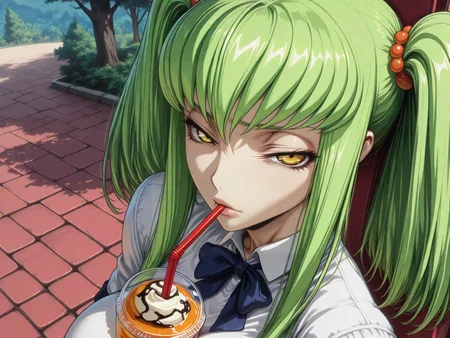 masterpiece,best quality,amazing quality,ultra detailed,
1girl,
<lora:My_Muscle_Style_1:0.3>,muscular female, fit, skinny,
<lora:HyperdetailedColoredPencilIl:0.3> ArsMJStyle, <lora:Sinozick_style:0.3>Sinozick_illu,gradient,spot color
<lora:illustriousXL_stabilizer_v1.23:0.5>
<lora:GLSHS:0.7> SHSLG
<lora:C.C._and_Kallen_Stadtfeld_Code_Geass:0.8> , C.C., green hair, long hair, yellow eyes, bangs, twintails,hair ornament,
outdoors,cafe,drinking straw, drink,
school uniform,
solo,large breasts, bowtie,
dyamic angle,
close-up, portrait,
looking at viewer, narrowed eyes, from above,