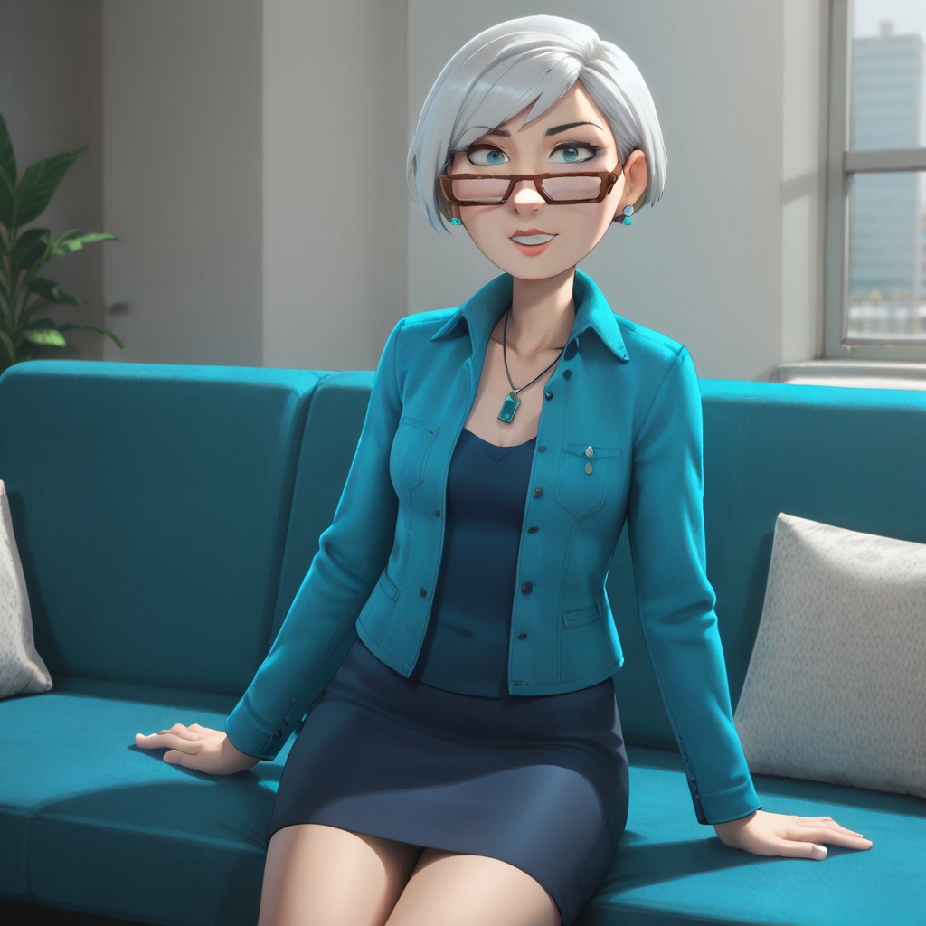 best quality, masterpiece, break, solo, joy_sid, 1girl, white hair, short hair, glasses, necklace, earrings, jacket, shirt, skirt, sitting, sofa,