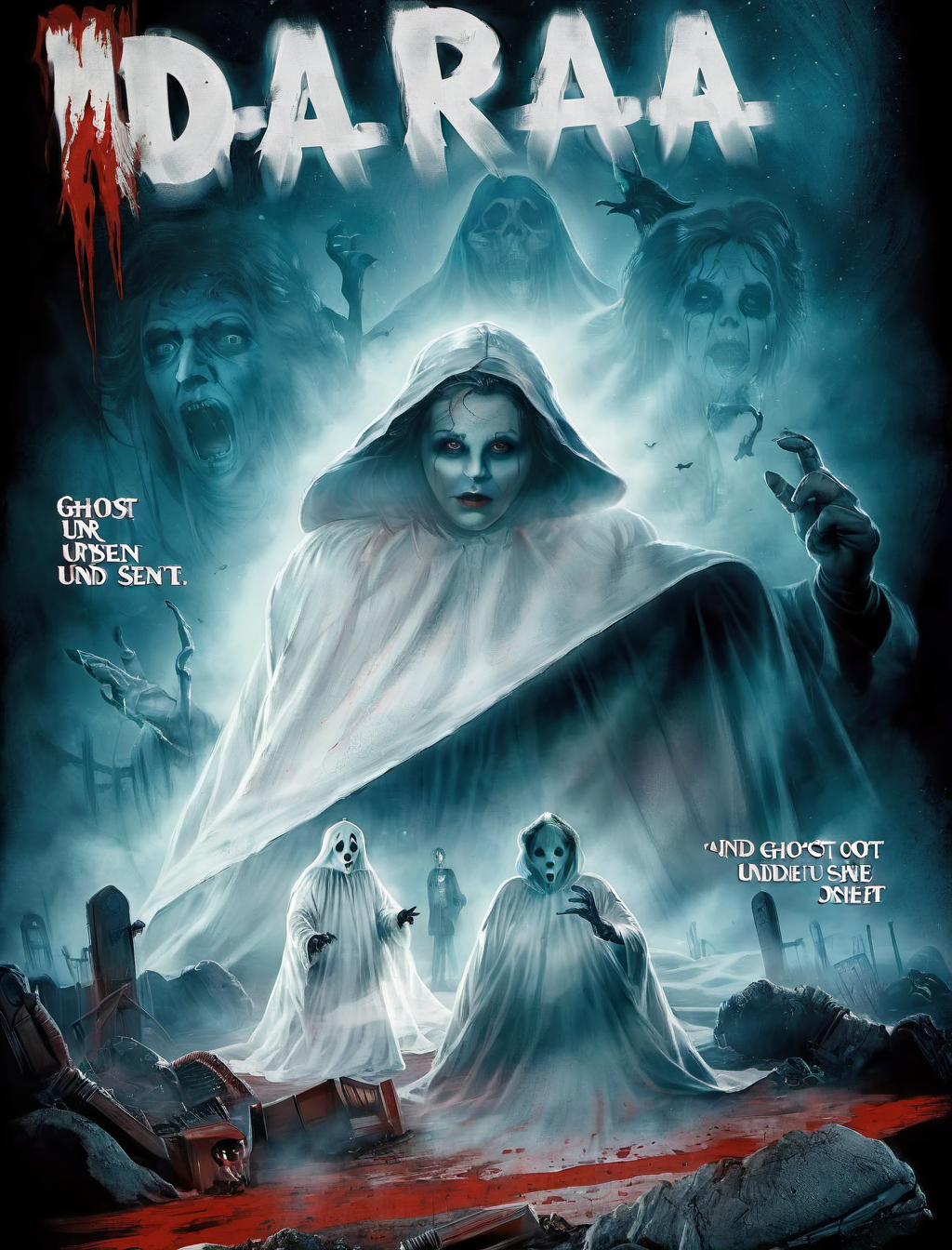 Horror-themed 80s-inspired horror movie poster, emphasizing the iconic cyan adn red palette of that era's cinema. Incorporate atmospheric elements such as the moon, fog, and mist to set the mood. Feature ((ghost under white sheet:2)), Use retro fonts for a fictional movie title, and complement it with taglines or quotes that evoke '80s horror
, <lora:80s_horror_poster_style-000009:1>, (masterpiece, best quality),ultra-detailed,add-detail-xl, DetailedEyes_V3, . Eerie, unsettling, dark, spooky, suspenseful, grim, highly detailed