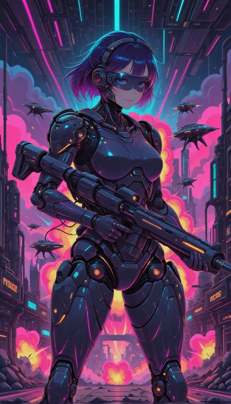 1girl, synthetic body, battle scars, advanced combat armor, holding railgun, visor covering one eye, urban battlefield, sci-fi warzone, explosion in background, high-tech weaponry, intense expression, power stance, science fiction aesthetics masterpiece, best quality, amazing quality, very aesthetic, absurdres, detailed eyes, newest, pinkneoncybercore, <lora:PinkieNeonCybercoreIL:1>,