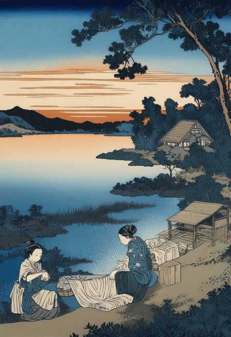 masterpiece,best quality,intricate details,KHsty-XL,woodcuts art,women washing clothes by riverside,panaramic scenery,sunrise,summer,