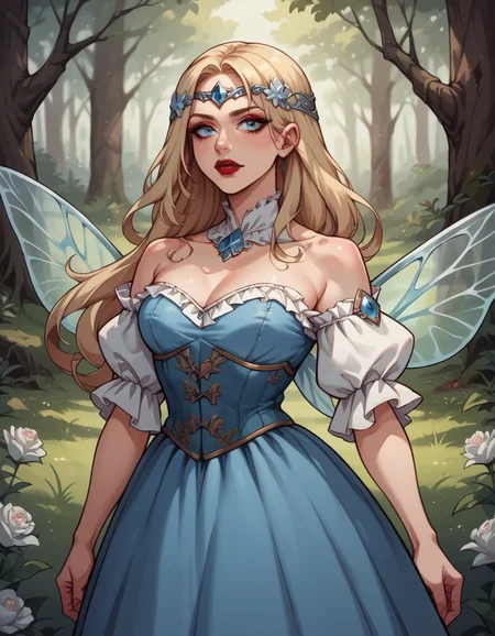 score_9, score_8_up, score_7_up, score_6_up, score_5_up, score_4_up, source_anime, 1girl, long blonde hair, makeup, red lipstick, hud_forest_fairy_dress, blue dress, puffy sleeves, blue floral corset, silver circlet, bare shoulders, wings, <lora:forestfairyxlp_epoch_8:0.6>,