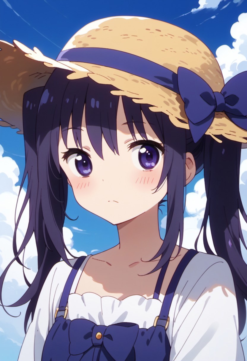 score_9, score_8_up, score_7_up, source_anime, kirie motoba, dark purple hair, dark purple eyes, long hair, 1girl, hat, solo, blush, cloud, sky, day, straw hat, twintails, looking at viewer