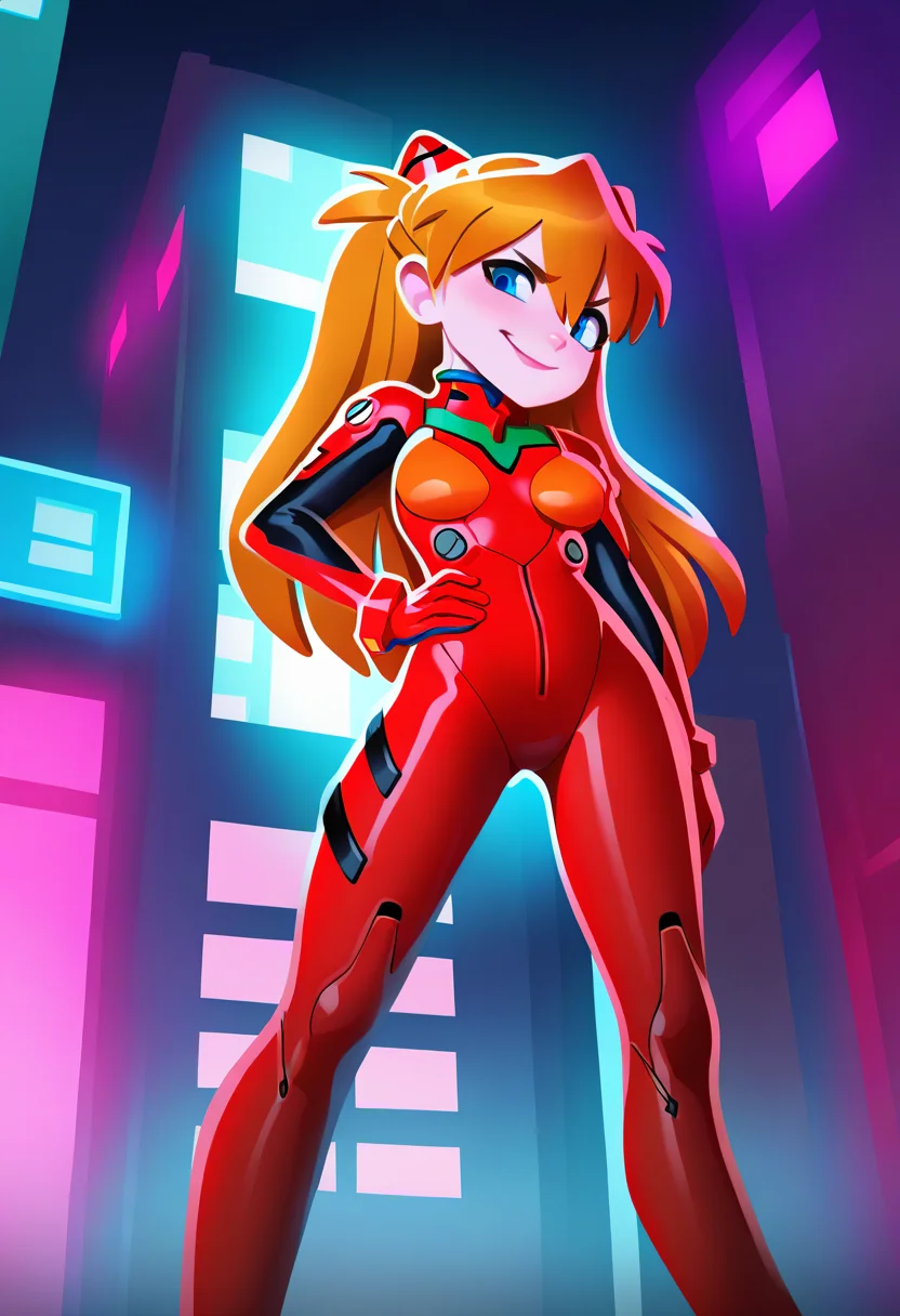 best quality, amazing quality, very aesthetic, absurdres,
1girl, asuka langley, red plugsuit, standing, smug, looking at viewer, futuristic background, neon light , buildings, night <lora:TomacoSunderlandNoobLocon_byKonan:1>