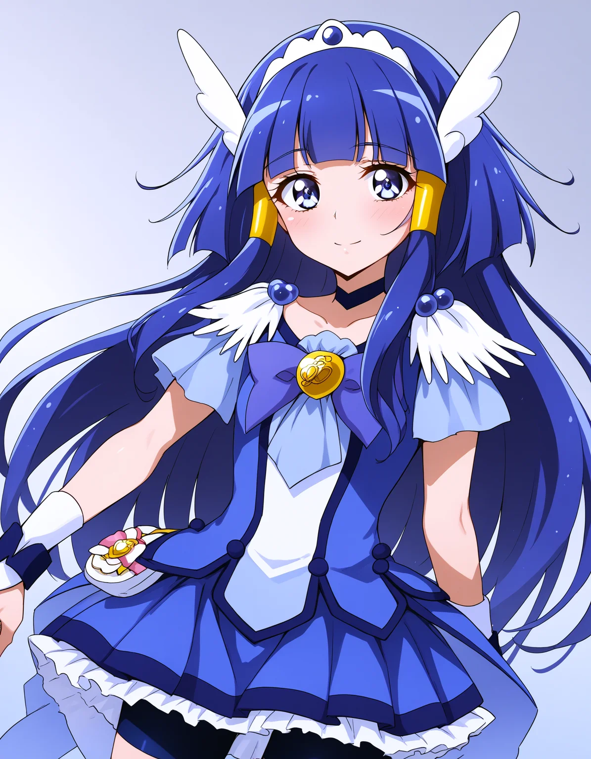 score_9, <lora:sdxl_lightning_8step_lora:1> source_anime, rating_explicit BREAK 1girl, solo,
<lora:ponyxl-char_smile_precure_transformed:1>
AR-CB, 1girl, blue eyes, long hair, hair tube, sidelocks, blue hair, blunt bangs, hair ornament, head wings, tiara, blue choker,
blue bow, blue shorts, blue skirt, bike shorts, shorts under skirt, blue wrist cuffs,
portrait