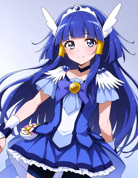 score_9, <lora:sdxl_lightning_8step_lora:1> source_anime, rating_explicit BREAK 1girl, solo,
<lora:ponyxl-char_smile_precure_transformed:1> 
AR-CB, 1girl, blue eyes, long hair, hair tube, sidelocks, blue hair, blunt bangs, hair ornament, head wings, tiara, blue choker,
blue bow, blue shorts, blue skirt, bike shorts, shorts under skirt, blue wrist cuffs,
portrait