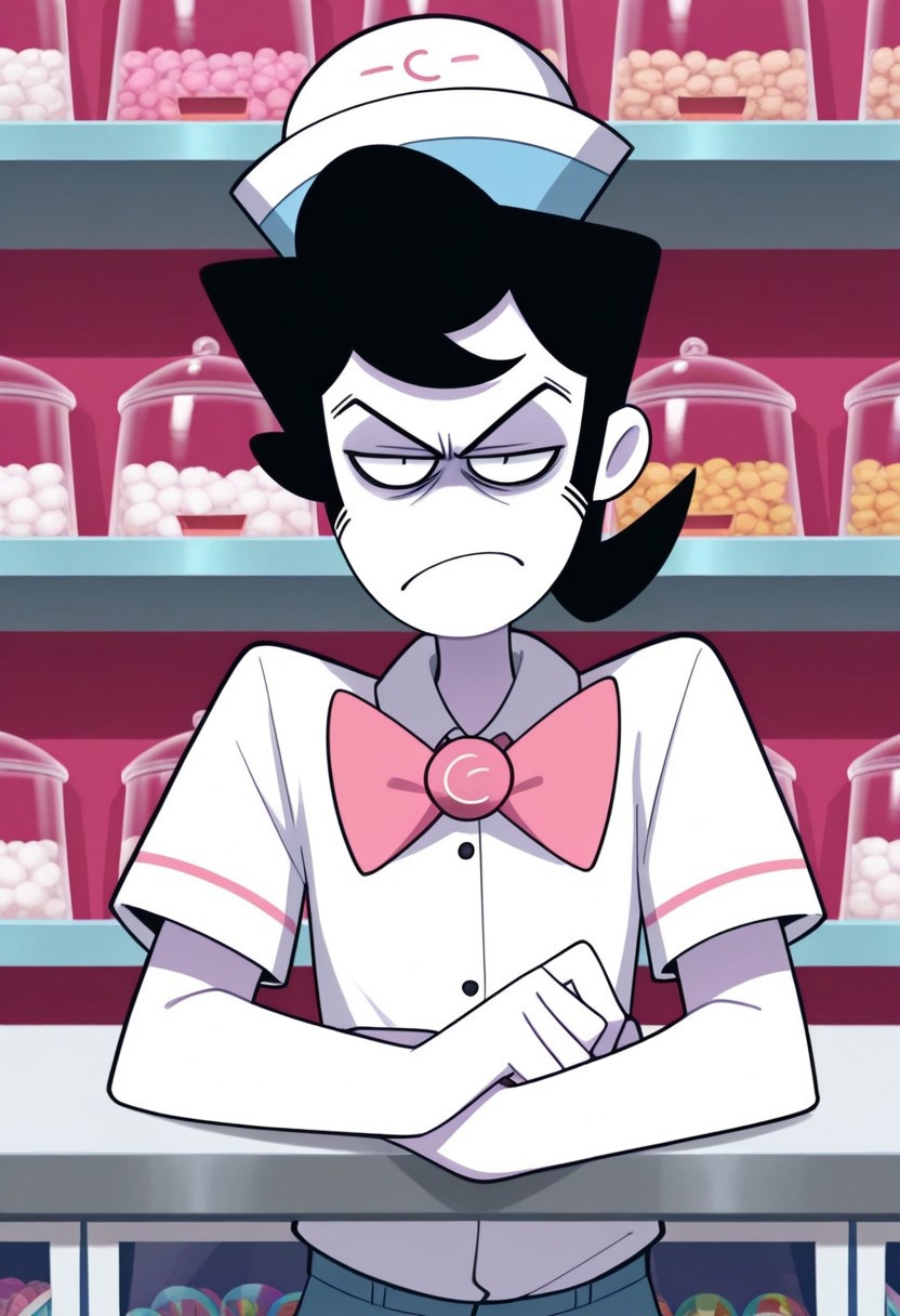 score_9, score_8_up, score_7_up, masterpiece, best quality, amazing quality, Kevin_(Spooky_Month), 1boy, solo, black hair, black eyes, pale white skin, 4 fingers, sideburns, white shirt, buttons, single pink line on both sleeves, short sleeves, pink bowtie, white employee cap, light blue pants, black shoes, annoyed expression, looking at viewer, closed mouth, upper body, shop